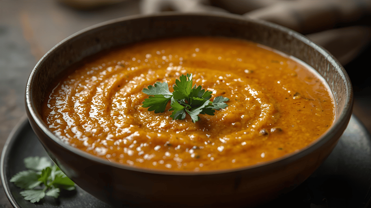 Golden red lentil soup in a deep bowl, drizzle of oil on top, coriander garnish, cozy soft lighting, minimal rustic setup, close-up DSLR.