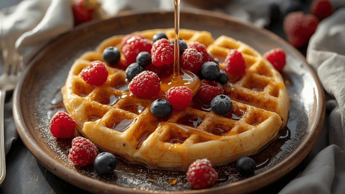 Golden waffles with berries and honey drizzle on a rustic plate.