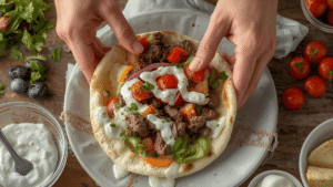 Hands assembling a beef pita wrap with warm beef, fresh vegetables, and creamy yogurt sauce on soft pita bread.