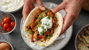 Hands assembling a chicken pita with warm pita bread, grilled chicken, fresh vegetables, and yogurt sauce. Bright kitchen setting.