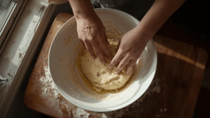 Hands mixing olive oil flatbread dough in a ceramic bowl, rustic texture, warm cozy kitchen, soft golden light, intimate food photography.