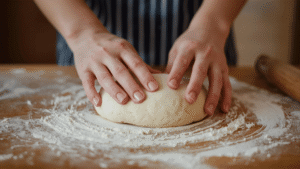 Hands shaping soft bread dough on a floured surface, cozy home kitchen.