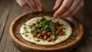 Hands sprinkling fresh parsley over a beef pita wrap on a rustic wooden plate, ready to serve.