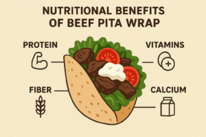 Infographic-style image showing nutritional benefits of beef pita wrap with beef, vegetables, yogurt sauce, and pita bread.