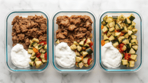 Meal prep containers with cooked beef, chopped vegetables, and yogurt sauce ready for assembling into pita wraps.