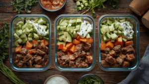 Meal prep containers with cooked beef, chopped vegetables, and yogurt sauce ready to assemble into beef pita wraps.
