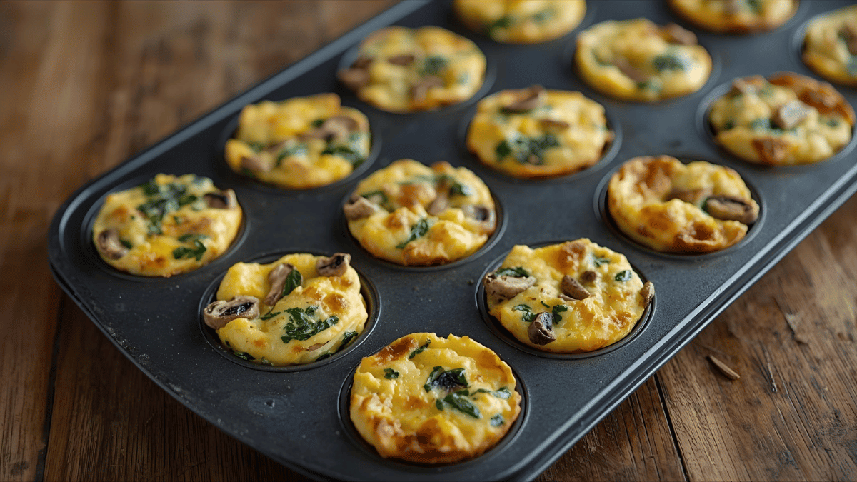 Mini egg muffins with spinach and mushrooms on a tray, cooling on a wooden table.