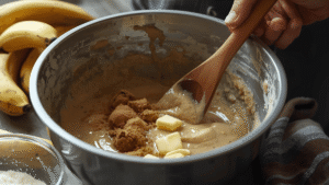 Mixing banana bread batter in a rustic kitchen bowl, overripe bananas, melted butter, brown sugar, soft natural light, photorealistic, warm cozy atmosphere.