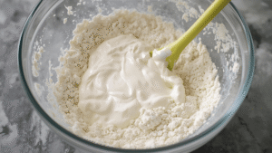 Mixing yogurt into dry ingredients in a bowl, cozy kitchen, natural lighting.