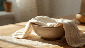 Resting dough covered with a cotton cloth, wooden countertop, serene calm mood, Mediterranean home feeling, sunlight hitting one side of the bowl.