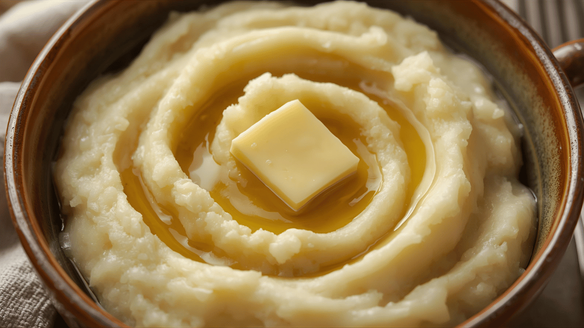 Silky mashed potatoes swirled in a rustic ceramic bowl, pat of butter melting on top, warm evening light, wooden table, subtle steam, DSLR close-up.