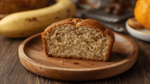 Slice of banana bread on a wooden plate, soft crumb, golden brown edges, rustic table setting, natural daylight, photorealistic.