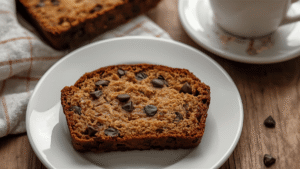 Slice of moist chocolate chip banana bread on a white plate with a cup of coffee, soft morning light, cozy breakfast mood.