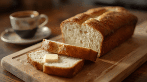 Sliced homemade 4-ingredient bread on a wooden board with butter, soft crumb visible, cozy morning kitchen.