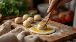 Small dough balls on wooden board, one being flattened by hand, brushed with olive oil, soft focus, cozy kitchen style.