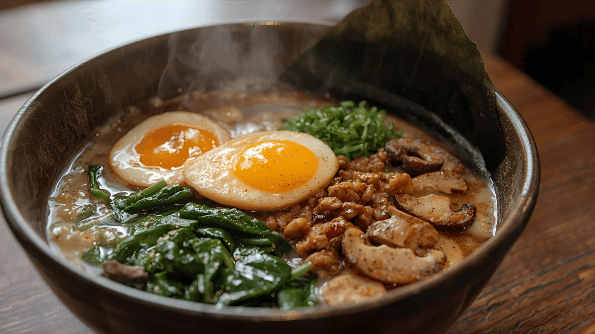 Steaming bowl of homemade ramen with egg, spinach, mushrooms, cozy dorm lighting, comforting mood.