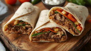 Three beef pita wraps cut in half, showing layers of juicy beef, fresh vegetables, and creamy yogurt sauce on a rustic wooden board.
