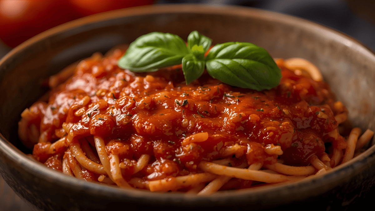 Tomato basil pasta coated in glossy red sauce, fresh basil on top, cozy warm-toned lighting, rustic bowl, macro DSLR shot.