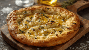 Warm olive oil flatbread on a wooden board, sprinkled with rosemary and flaky salt, Mediterranean table styling, rustic homely mood.