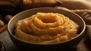 A bowl of warm mashed banana with cinnamon, soft golden glow, cozy night mood.