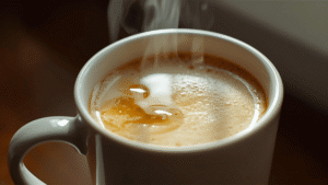 A cozy mug of warm milk with a swirl of honey, gentle steam rising.