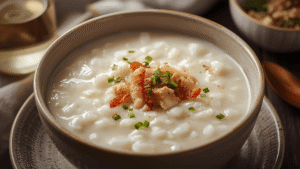 A creamy bowl of milk rice porridge with soft evening tones.
