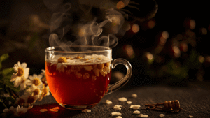 A cup of chamomile tea with honey, warm steam rising, calm nighttime ambience.