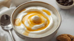 A small bowl of creamy yogurt with a light honey drizzle, soft nighttime cool tones.