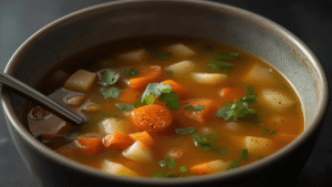 A smooth, blended vegetable soup in a simple bowl, warm soft tones, peaceful night mood.