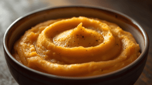 A smooth, warm bowl of mashed sweet potato with soft glowing light.