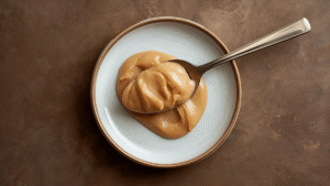 A spoonful of creamy almond butter on a small plate with warm evening shadows.