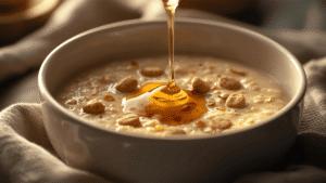 A warm bowl of creamy oats with honey drizzled on top, soft evening lighting, peaceful mood.