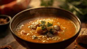 A warm bowl of pureed vegetable soup with soft glowing light.