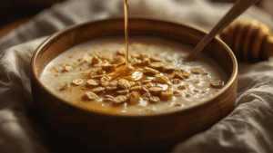 A warm creamy oat bowl with honey, soft golden lighting, peaceful evening mood.