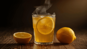 A warm honey-lemon drink with steam rising softly.