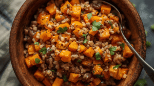 A warm wooden bowl filled with roasted sweet potato brown rice salad, soft natural light, cozy home setting, slight steam rising, rustic linen fabric on the side, overhead shot,