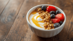 Cool yogurt bowl with honey swirl.