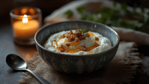 Cottage cheese bowl, soft evening ambiance.