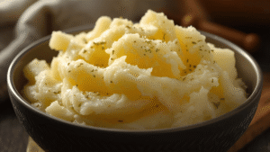 Fluffy mashed potatoes glowing softly.