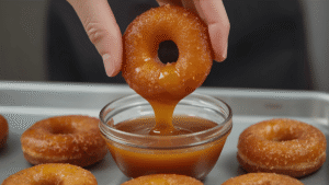 Hand dipping warm sweet-potato donut into shiny maple glaze, soft light, warm tones,
