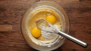 In a separate bowl, whisk together: Cold sourdough discard A cold egg Orange juice Whisk until smooth and well combined. It should look creamy and slightly thick.