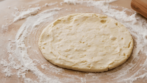 Lightly flour your counter or a board. Turn the dough out and gently pat it into a round disc about 8 inches wide. Try to keep the height fairly even throughout so all the scones bake at the same rate. Don’t worry if the edges look rough or rustic. That’s part of the charm.