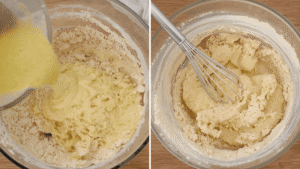 Pour the wet mixture into the dry mixture. Use a fork, wooden spoon, or dough whisk to mix gently. It will look shaggy and a bit messy at first — that’s fine. Once most of the flour is damp, use your hands to press the dough together a few times. You don’t want to knead like bread dough, just press and gather until it holds. If it feels extremely dry and won’t come together, you can sprinkle in a teaspoon or two more of orange juice. Don’t overdo it — the dough should be slightly sticky but still shapeable.