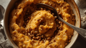 Silky lentil mash in warm light.