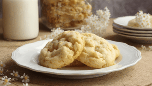 Soft chamomile cookies on a white plate, warm bedroom-style evening light.