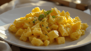 Soft, fluffy, silky scrambled eggs in gentle evening lighting.