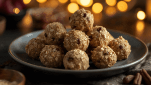 Soft oat bites arranged on a plate with warm, cozy nighttime lighting.