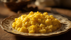 Soft silky scrambled eggs in warm lighting.