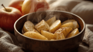 Soft steamed apple slices with cinnamon in homey evening light.