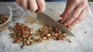 There’s something about adding crunchy toppings that makes everything feel right. I chop the pecans by hand — not perfectly, but intentionally. I measure the pumpkin seeds and cranberries, often stealing one or two cranberries for myself because their soft sweetness reminds me that small joys still exist.